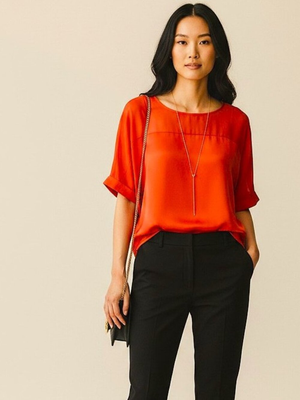 Vince Camuto | Women's Top | Red/Coral Sheer Yoke & Satin Body | Size XL